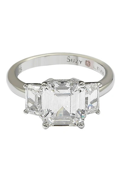 Suzy Levian Sterling Silver Emerald-cut 3-stone Cz Bridal Ring In White