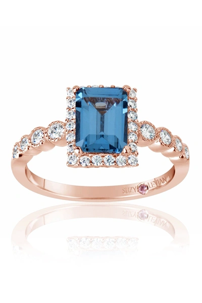 Suzy Levian Emerald-cut Cz Center Stone Ring In Blue