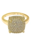 Suzy Levian Yellow-tone Sterling Silver Prong Set Cushion Shape Pave Cz Ring In Yellow