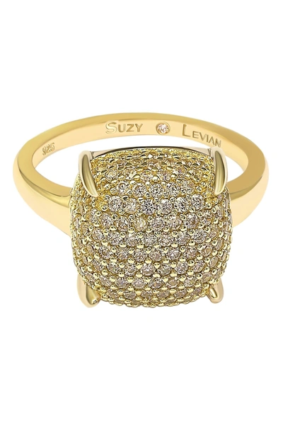 Suzy Levian Yellow-tone Sterling Silver Prong Set Cushion Shape Pave Cz Ring