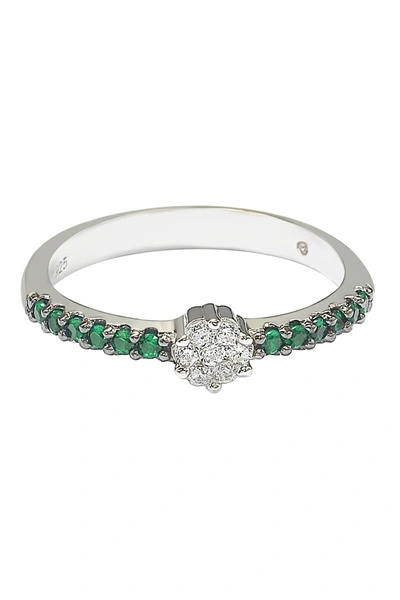 Suzy Levian Sterling Silver White Cz Cluster & Pavé Green Cz Band Ring