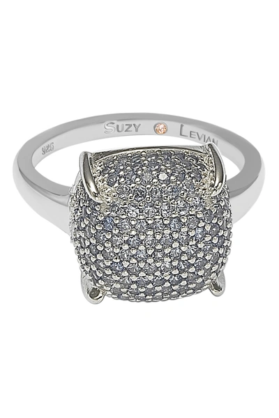 Suzy Levian Sterling Silver Prong Set Cushion Shape Pave Cz Ring In Blue