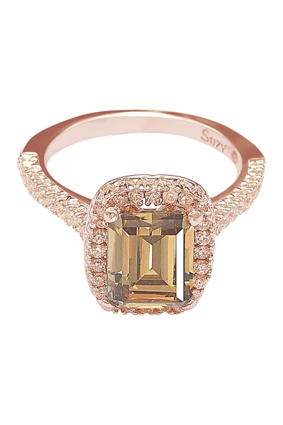 Suzy Levian Rose Tone Sterling Silver Emerald Cut Cz Ring In Brown