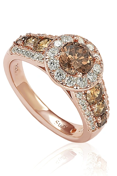 Suzy Levian Rose Tone Sterling Silver Cz Pave Ring In Brown