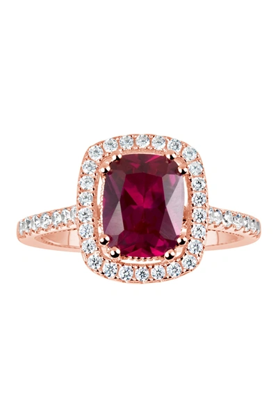 Suzy Levian Rose Gold Plated Sterling Silver Created Ruby Cz Halo Ring In Red