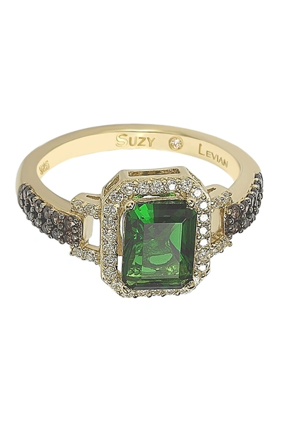 Suzy Levian Yellow-tone Sterling Silver Prong Set Emerald Cut & Pave Cz Ring In Green