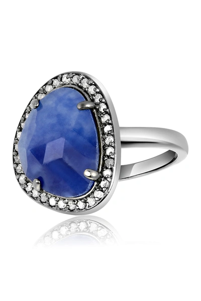 Adornia Fine Black Rhodium Plated Sterling Silver Rose Cut Blue Sapphire Diamond Halo Ring