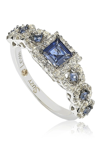 Suzy Levian Sterling Silver Asscher-cut Sapphire & Cz Engagement Ring In Blue
