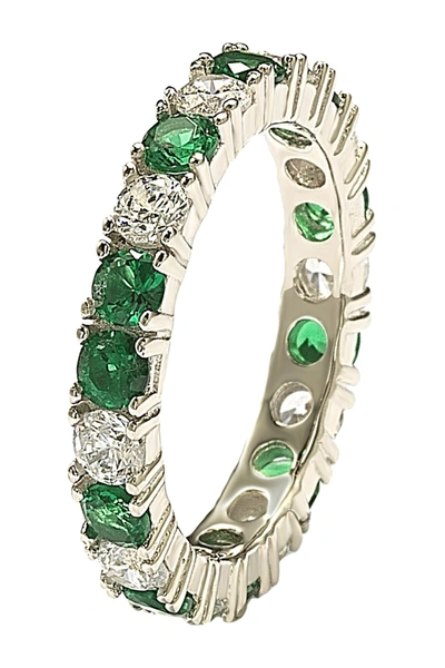 Suzy Levian Sterling Silver Cz Emerald Green Alternating Eternity Band Ring In Emerald
