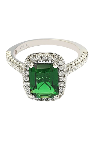 Suzy Levian Sterling Silver Emerald Cut Green Cz Halo Ring In Emerald