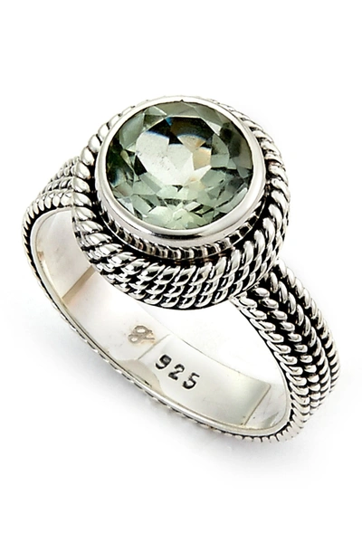Samuel B Jewelry Sterling Silver Bezel Set Round Cut Amethyst Beaded Trim Ring In Green