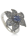 Suzy Levian Sterling Silver Sapphire And Diamond Accent Exotic Flower Ring In Blue