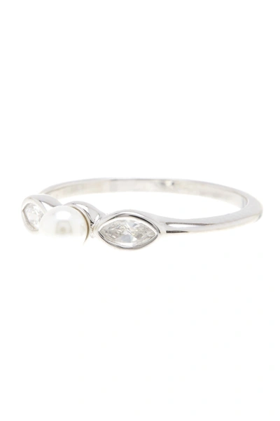 Adornia White Rhodium Plated 3mm Freshwater Pearl & Swarovski Crystal Marquise Ring