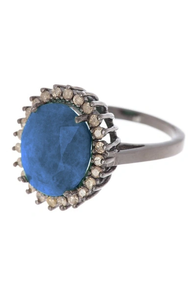Adornia Fine Black Rhodium Plated Sterling Silver Halo Diamond Blue Sapphire Ring