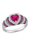 DELMAR DELMAR RHODIUM PLATED HEART SHAPE CREATED RUBY & CREATED WHITE SAPPHIRE RING & PEARL EARRINGS SET,686692222571