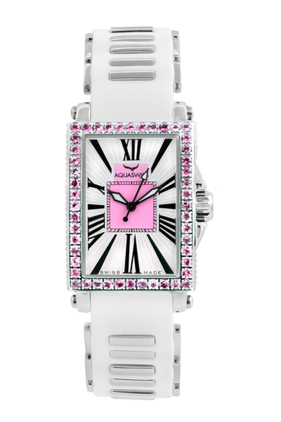 Aquaswiss Kelly Rectangle Silicone Strap Watch, 44.5mm In White-pink