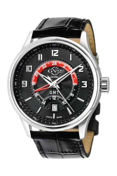 Gevril Giromondo Black Dial Black Calfskin Leather Watch,