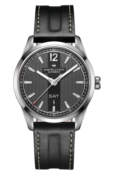 Hamilton Men's American Classic Leather Strap Watch In Black/silver/dark Grey