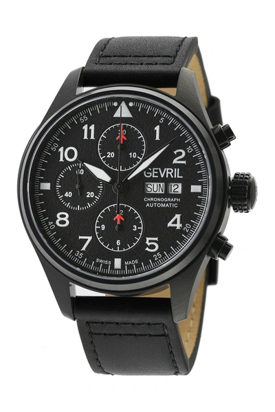 Gevril Vaughn Black Leather Watch, 42mm