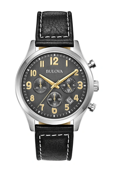 Bulova Quartz Analog Leather Strap Watch, 41mm In Black