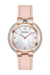 BULOVA RUBAIYAT DIAMOND ROSE GOLD PINK LEATHER STRAP WATCH, 35MM,042429561212