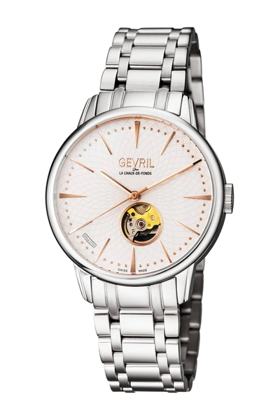Gevril Mulberry Open Heart Swiss Automatic Bracelet Watch, 43mm In Silver