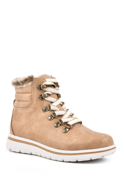 White Mountain Footwear Hallet Faux Fur Trim Lace-up Bootie In Wheat/fabric/fur