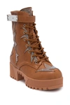 Chase & Chloe Rhinestone Lug Sole Combat Boot In Tan Pu