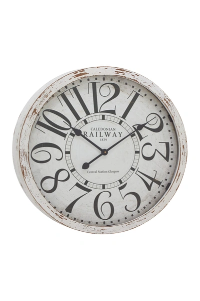 Willow Row Large Round Railway Wood Wall Clock With Distressed White Wood Rim