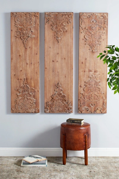 Willow Row Large Hand-carved Natural Wood Wall Panels W/ Carvings In Brown