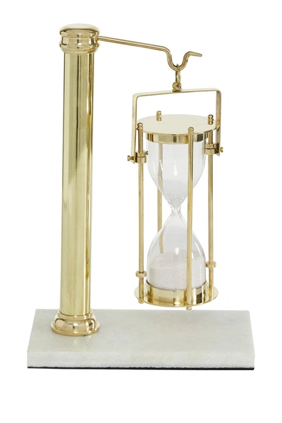 Venus Williams Gold Brass Hanging Sand Timer On Rectangular White Marble Base, 7" X 11"