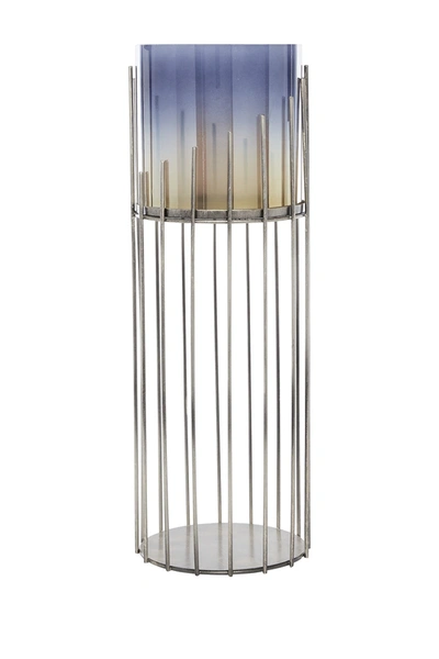 Venus Williams Tall Smoked Blue & Gold Glass Candle Holder With Cylinder Metal Base In Multi