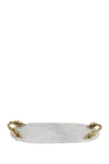Willow Row White Marble Glam Tray With Goldtone Twisted Leaf Handles In White