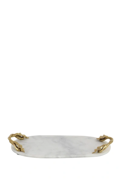 Willow Row White Marble Glam Tray With Goldtone Twisted Leaf Handles