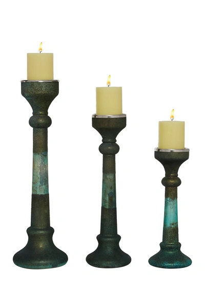Venus Williams Tall Rustic Green Textured Glass Candle Holders In Multi