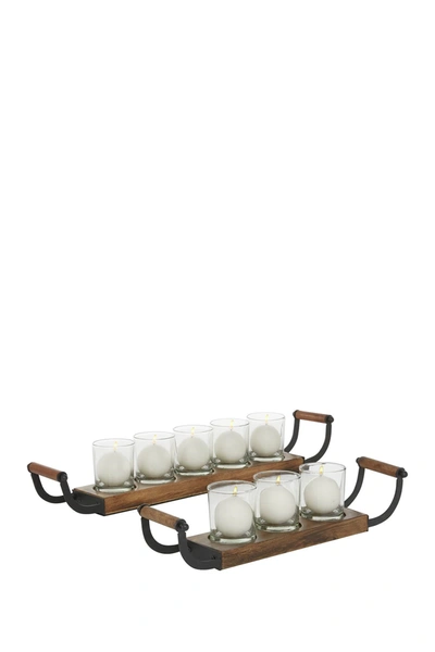 Willow Row Small Farmhouse Glass Candle Holders With Black Metal Handles And Rectangular Wood Board Bases In Brown