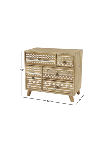 Willow Row 14 X 13 Large Decorative Whitewashed Wood Jewelry Box With 5 Drawers Ft. Hand-carved Boho Pattern In In Brown