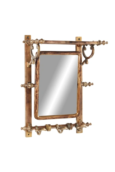Willow Row Brass Bathroom Wall Rack With Hooks And Rectangular Mirror In Brown
