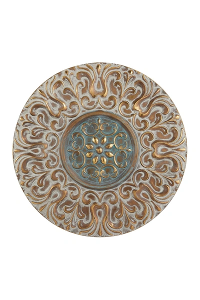 Willow Row Round Antique Gold Metal Wall Decor With Light Green Textured Pattern Center