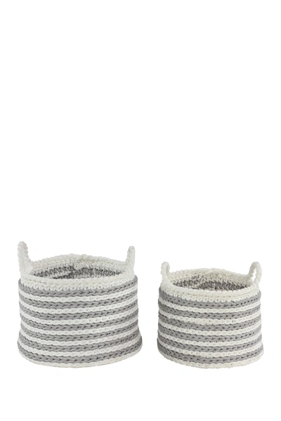 Willow Row Large Round Striped Gray Mesh & White Cotton Rope Storage Basket In Grey