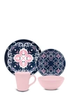 Manhattan Comfort Floreal 16-piece Dinner Set In Blue And Pink