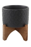 Flora Bunda 6" Ceramic Planter On Wood Stand In Matte Black