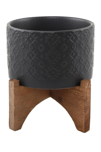 Flora Bunda 6" Indian Ceramic Planter On Wood Stand In Matte Black