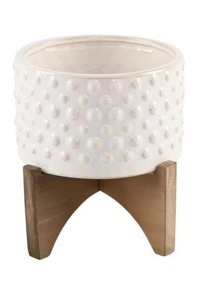 Flora Bunda 6"  Hobnail Ceramic Planter On Wood Stand In White