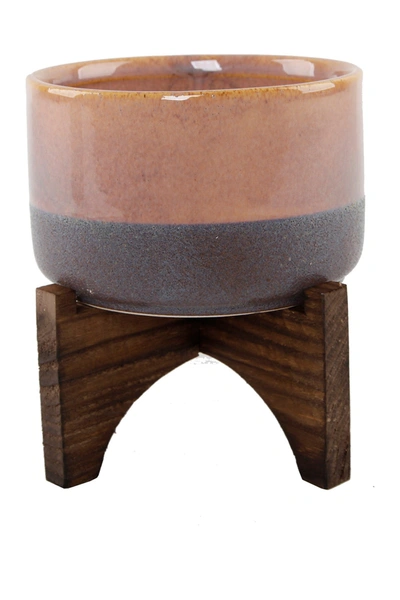 Flora Bunda Pink Ceramic Lava Pot On Wood Stand