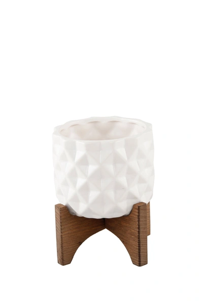 Flora Bunda Matte White Ceramic Dimple Pattern On Wood Stand