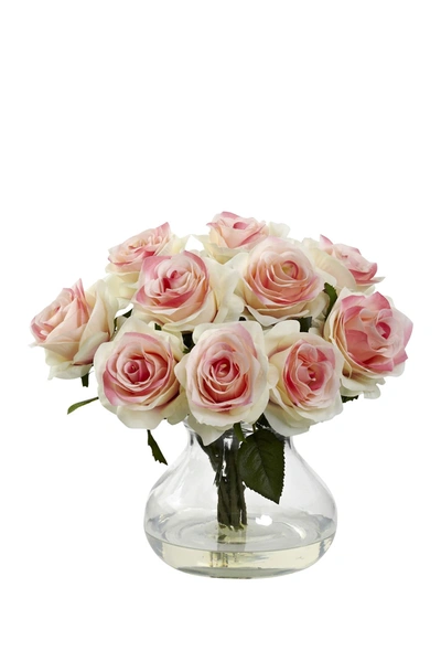 Nearly Natural Rose Arrangement With Vase In Light Pink