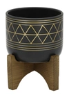 Flora Bunda Black/gold Geo Planter On Wood Stand In Black/gold