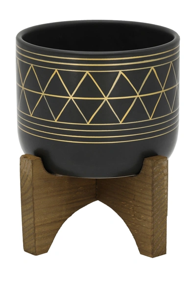 Flora Bunda Black/gold Geo Planter On Wood Stand