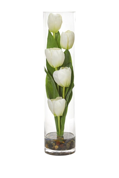 Nearly Natural 18" Tulips Artificial Arrangement In Cylinder Vase In White